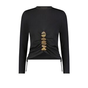 Aleeza Elegant Black Oliva Sweater with Gold Pin Accents & Cinched